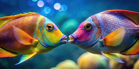Wall Mural - Close up of two colorful fish gently pressing their lips together underwater, kissing, fish, underwater, romance, aquatic