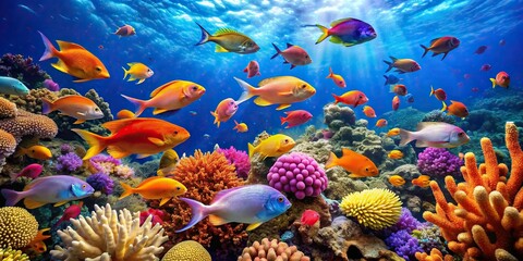 Wall Mural - Vibrant underwater photo of various colorful fish swimming in a coral reef, fish, underwater, marine life, coral reef