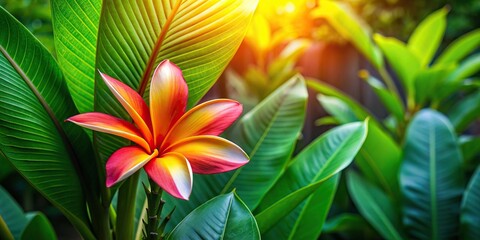 Canvas Print - Tropical flower blooming in front of lush green leaves, tropical, flower, leaves, nature, vibrant, exotic, colorful, botanical