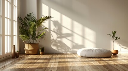 Wall Mural - A minimalist interior space with a single meditation cushion placed on a wooden floor, accompanied by soft, natural lighting and a few carefully placed potted plants.