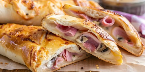 Wall Mural - Half Moon Calzone with ham and mushrooms A close-up view. Concept Food Photography, Half Moon Calzone, Ham and Mushroom, Close-Up Shot