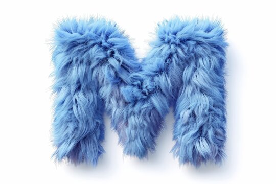The letter M is made of blue fur and has a fluffy texture