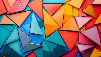 A vibrant display of tangram pieces in various colors, being matched and combined to form a recognizable figure on a bright background