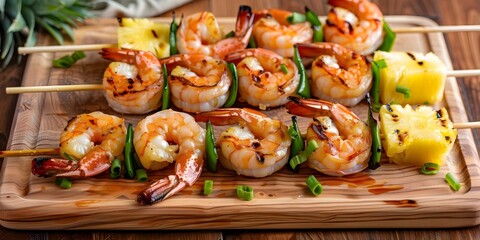 Wall Mural - Delicious Grilled Shrimp Skewers with Pineapple and Green Onions on Wooden Board. Concept BBQ Recipes, Grilled Shrimp, Summer Cooking, Flavorful Skewers, Tropical Ingredients