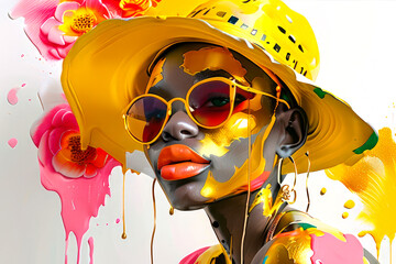portrait abstract face of an African girl in a hat multicolored spots of paint explosion of colors