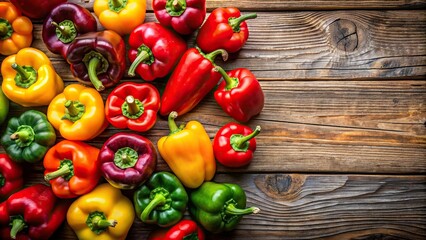 Wall Mural - Vibrant and colorful peppers on a rustic wooden background, peppers, vegetables, food, red, green, yellow, organic