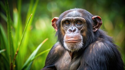 Chimpanzee in a natural habitat, primate, animal, wildlife, jungle, mammal, ape, nature, chimpanzee, intelligent, wild, forest