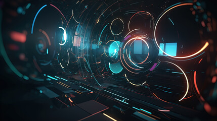 Poster - Technology abstract background with hud styled round interface elements in neon tech light.