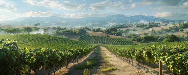 Wall Mural - Scenic drive through a vineyard with rolling hills and grapevines, 4K hyperrealistic photo.