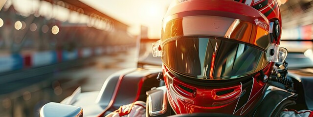 Wall Mural - close up racer in a helmet driving a car on the track. Racing car posters. Car race banner. background	