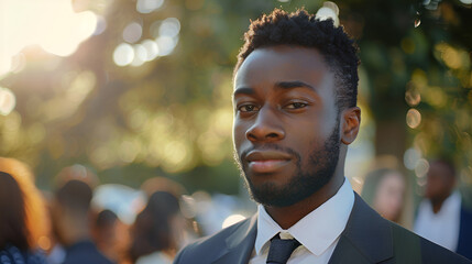 handsome true gentleman and a very serious 25 years old black man with a short hair and small beard wearing a suit at a outdoor party