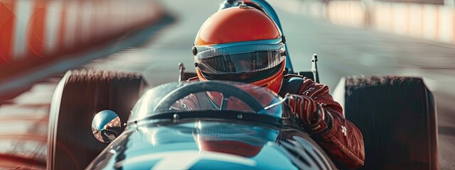 Wall Mural - close up racer in a helmet driving a car on the track. Racing car posters. Car race banner. background	