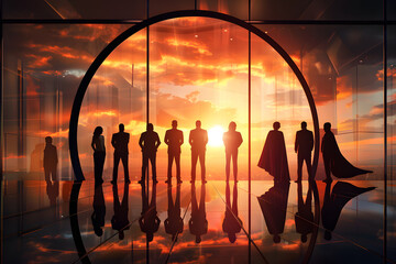 Poster -  business people and superhero group judgment in circle hall, silhouette