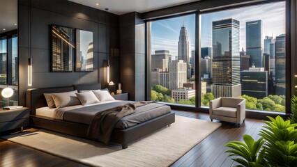 A large bedroom with a city view and a bed with a brown blanket