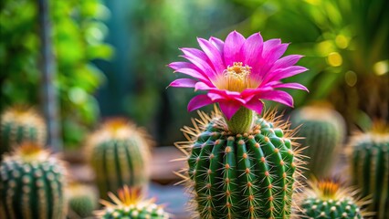 Wall Mural - Cactus flower in bloom in a garden , Beavertail cactus, garden, nature, desert, succulent, pink, vibrant, beauty, thorns, prickly