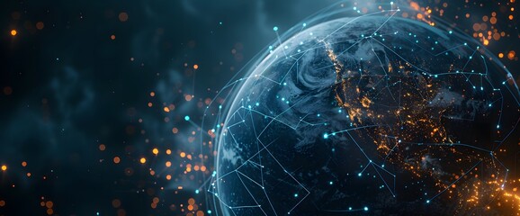 Abstract digital technology with brilliant blue network connections and global map for technology, data transfer or business concepts.