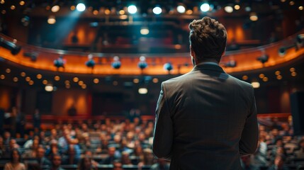 businessman delivering a powerful speech in a crowded theater, viewed from behind, capturing the atm