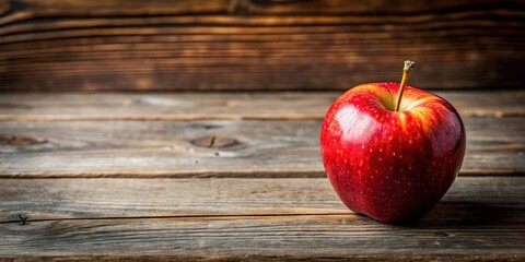 Wall Mural - A fresh red apple sitting on a rustic wooden table, apple, fruit, red, juicy, healthy, organic, natural, wood, table