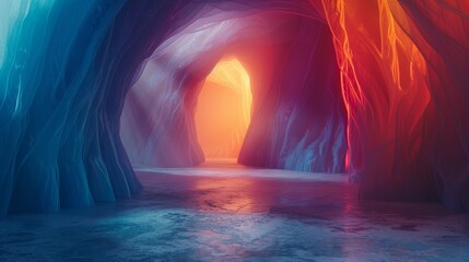 Canvas Print - A cave with a blue and red tunnel