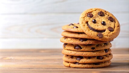 Wall Mural - A stack of delicious chocolate chip cookies arranged to form a smiley face , chocolate chip, cookies, smiley face, sweet