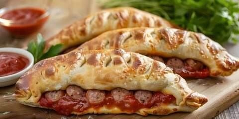 Wall Mural - Visualizing a Classic Italian Calzone with Marinara, Mozzarella, and Sausage. Concept Food Photography, Italian Cuisine, Savory Dishes, Delicious Ingredients, Food Styling