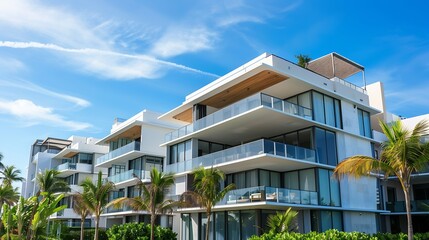 Aufkleber - Modern apartment building or house with palm trees at Miami  view from road : Generative AI