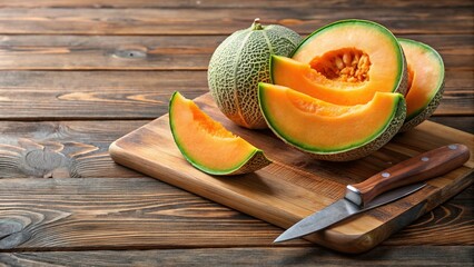 Wall Mural - Sweet and juicy melon being sliced on a wooden cutting board , fruit, healthy, summer, fresh, ripe, delicious, snack