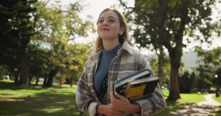 Sticker - Happy woman, student and walking with books in park for learning, education or path to university. Female person in stroll with textbooks at outdoor campus or college for academic journey in nature