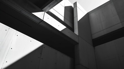 Poster - Modern house Building with Sunlight and Shadow on concrete wall surface in Perspective low angle view Geometric Architecture background in Minimal with Black and White style : Generative AI