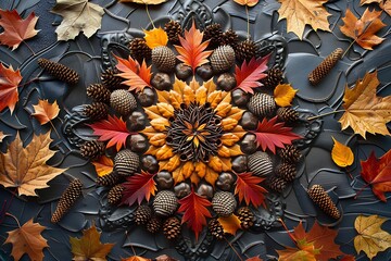 An intricate mandala pattern created from autumn leaves and pinecones