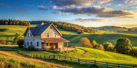 Wall Mural - A cozy farmhouse nestled in a picturesque countryside setting with rolling hills and a clear blue sky, cozy, farmhouse