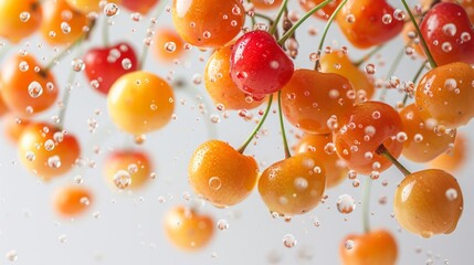 Wall Mural - yellow cherries flying, falling in the air. juicy garden berries froze in flight. levitation.