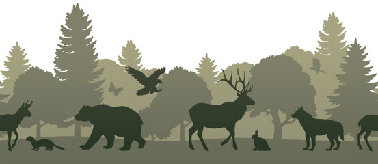 animals, trees seamless border. vector green silhouette illustration of forest panorama wildlife on 