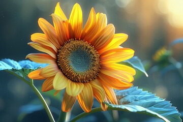 Wall Mural - a blooming sunflower in full bloom, 3d illustration. gardening, growing plants.