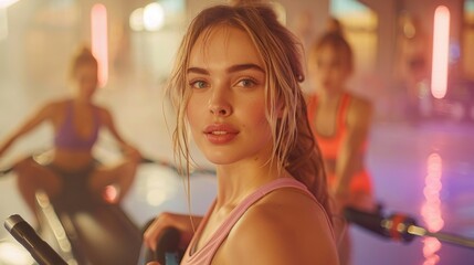 Wall Mural - A young woman in sportswear is working out in a gym, accompanied by a female trainer and another individual in the background, with colorful lighting and a motivational atmosphere.