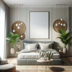 Wall Mural - A bed in bedroom style interior set design there is an poster empty white and combine with A bed in bedroom style interior set design and plants Vibrant engaging.