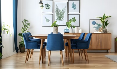 Wall Mural - Blue chairs around a wooden dining table in a white room with a sideboard and plants. Scandinavian home interior design ai generative