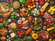 © Business Pics - Top view of various foods as culinary concept background illustration (Generative AI)