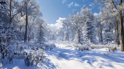 Wall Mural - Winter Sunlight in the Woods. Peaceful and snowy forest path.