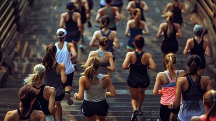 Wall Mural - High angle view of a diverse group of women running up a set of stairs, emphasizing fitness and unity. The photo captures motion and determination.