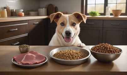 A dog is sitting at a table with a full plate of dog food on the table