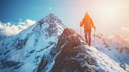 Wall Mural - A person climbing a route slope towards a mountain peak aiming for success concept