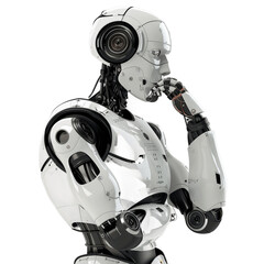 3d humanoid robot thinking on white transparent background