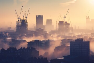 Wall Mural - Cityscape in the early morning mist, with the silhouettes of cranes rising above the buildings