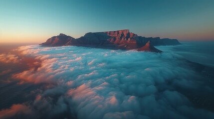 Wall Mural - A breathtaking aerial view of morning fog enveloping the mountainous area around Lions Head, with dramatic lighting enhancing the landscape's beauty.