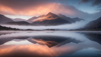 Poster - A serene landscape photograph of a mountain lake in the Lake District, England, at dawn with a misty sky and calm water reflecting the peaks