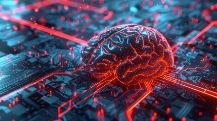 Poster - Artificial intelligence theme, digital brain on circuit board, neon glowing background