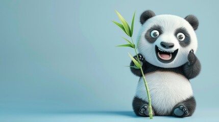 Wall Mural - A cute panda with bamboo leaves over light blue background