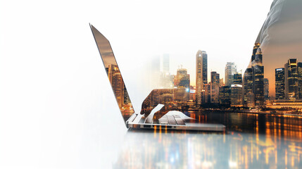 Double exposure young businessman wearing shirt holding contemporary laptop hands. Isolated white,modern city background. Blank screen ready for your business message. Wide mockup