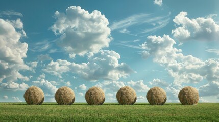 Wall Mural - Drying hay balls in a line on a green field under a cloudy blue sky